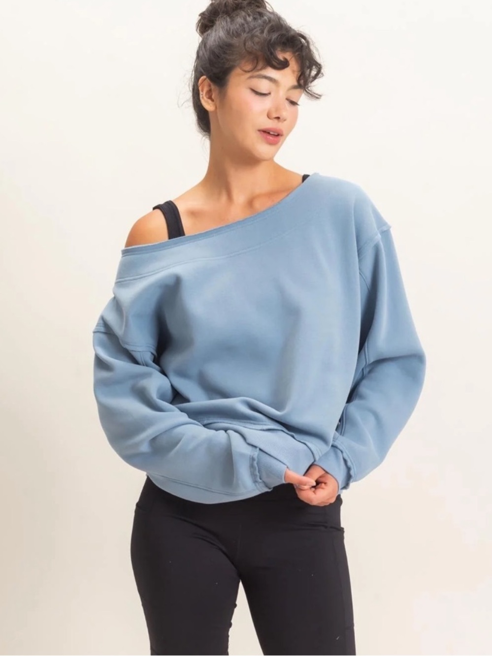 NEW Double Zero Dusty Blue Raw Edge Off Shoulder Sweatshirt – Large